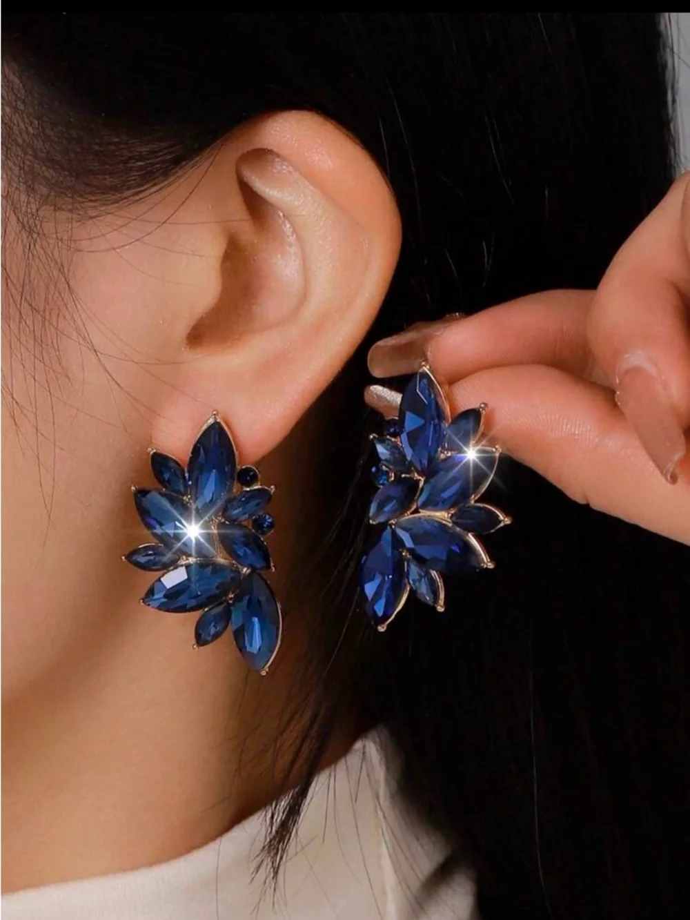 Elegant Navy Blue Crystal Cluster Statement Earrings - Women Jewelry